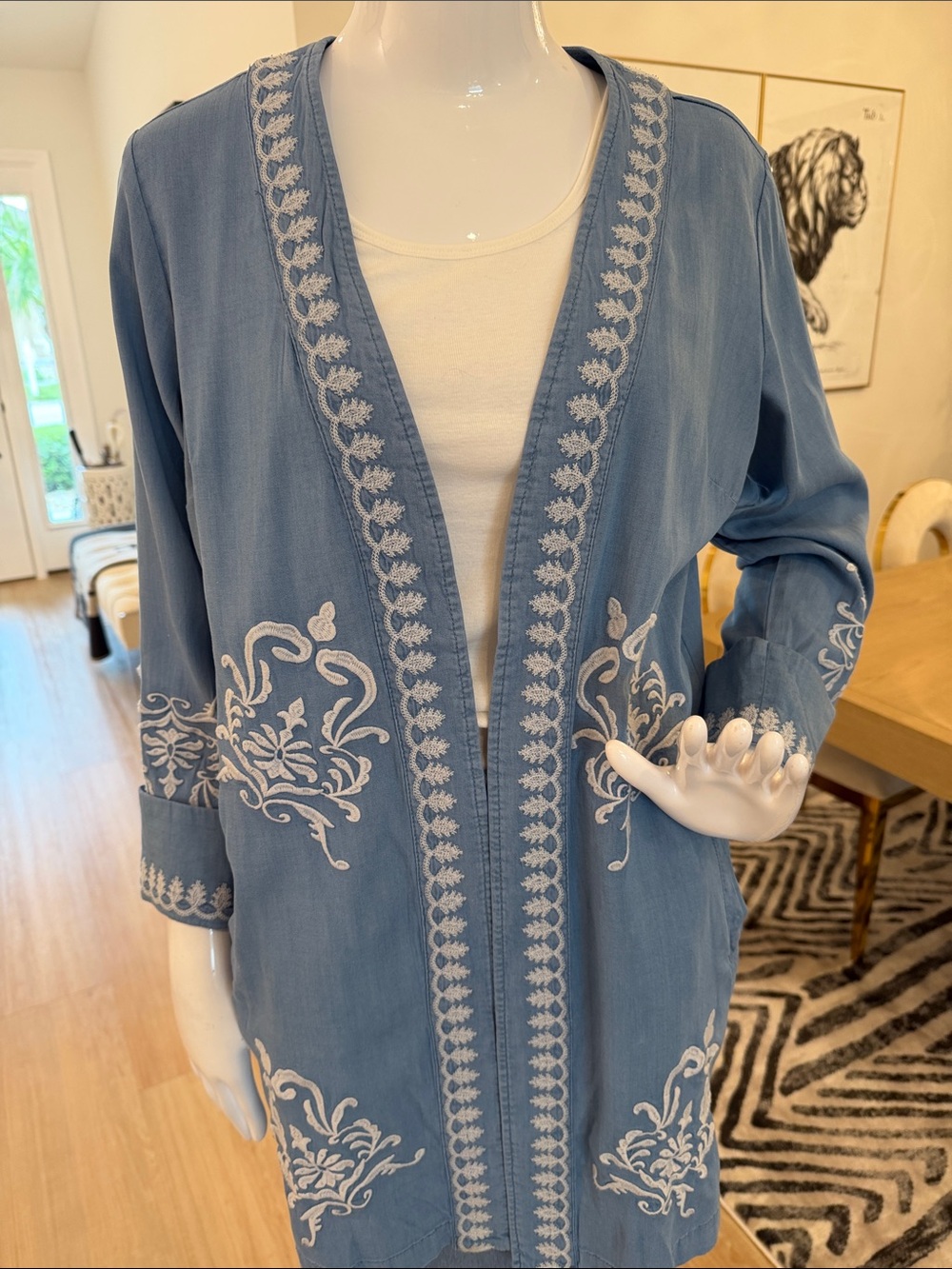 Susan Graver Light Blue Embroidered Open-Front Jacket